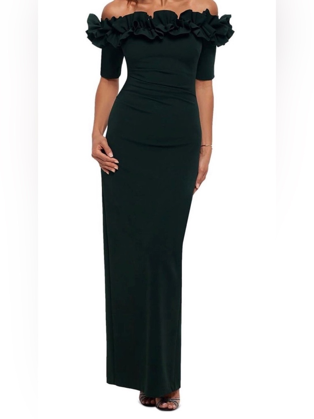 Xscape Off-Shoulder Ruffle Maxi Dress in Dark Green